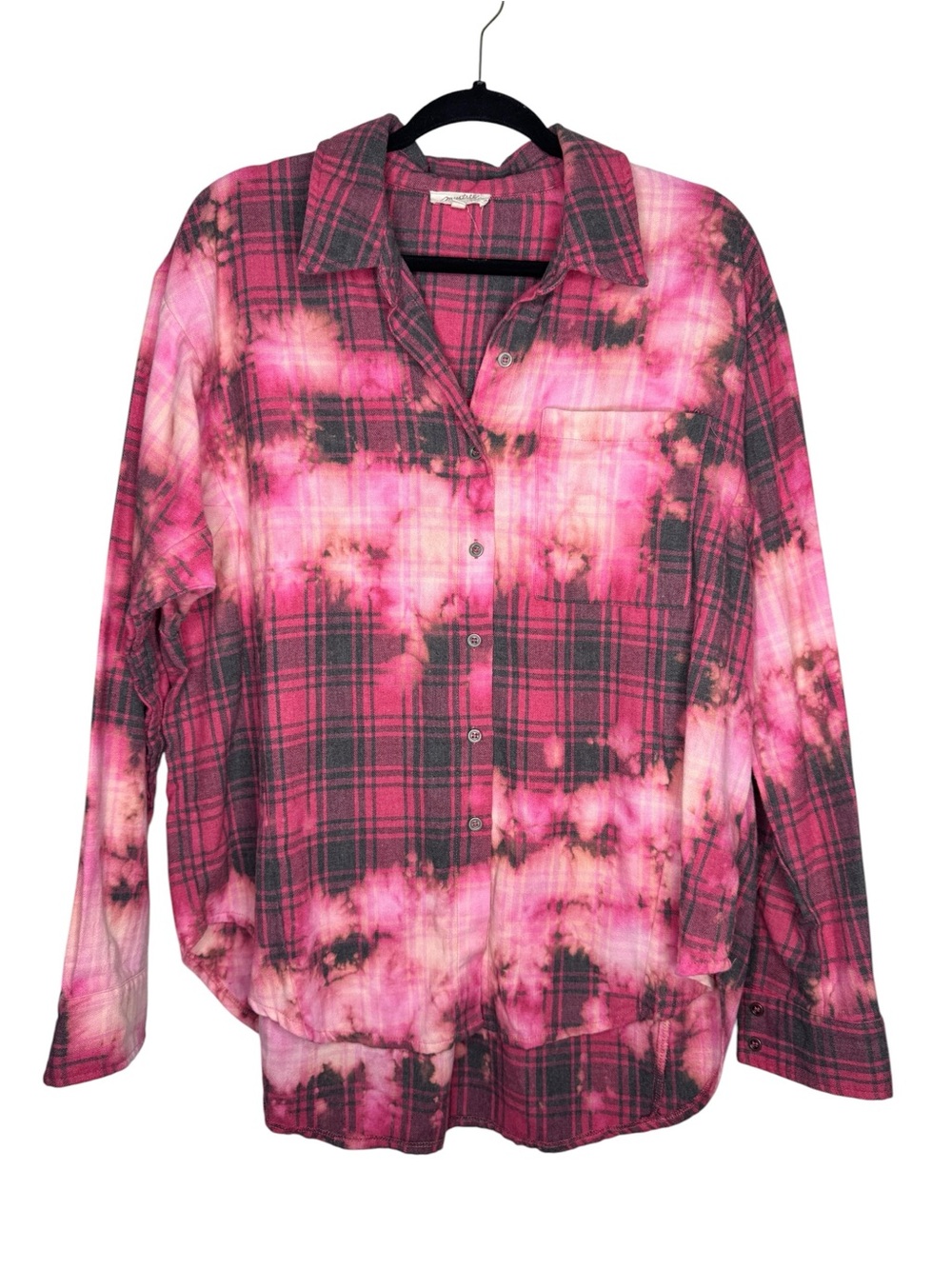 MYSTREE / pink plaid bleach dyed oversized button up shirt / L